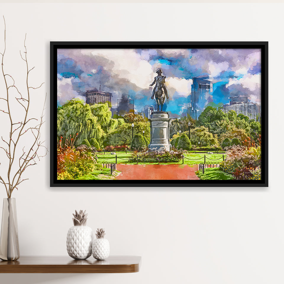 George Washington Monument Public Garden Boston City Art Watercolor Framed Canvas Prints Wall Art Home Decor,Floating Frame