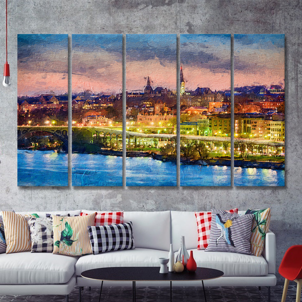 Georgetown skyline on the Potomac River Georgetown 5 Piece B Canvas Prints Wall Art Decor - Painting Canvas, Multi Panels