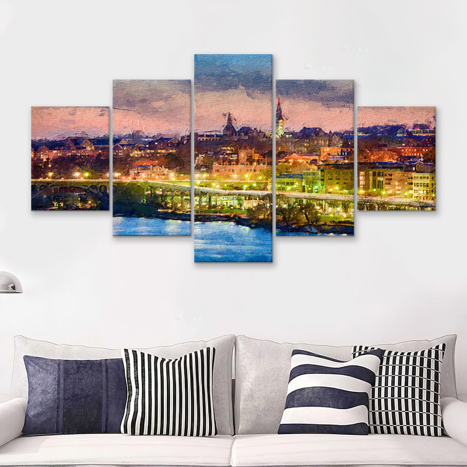 Georgetown skyline on the Potomac River Georgetown 5 Piece Canvas Prints Wall Art Decor - Painting Canvas, Multi Panels