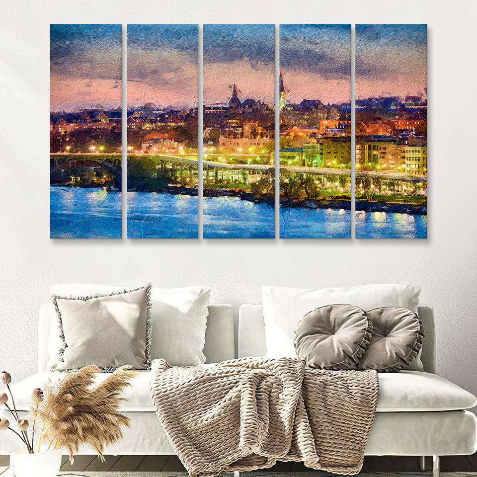 Georgetown skyline on the Potomac River Georgetown 5 Piece B Canvas Prints Wall Art Decor - Painting Canvas, Multi Panels
