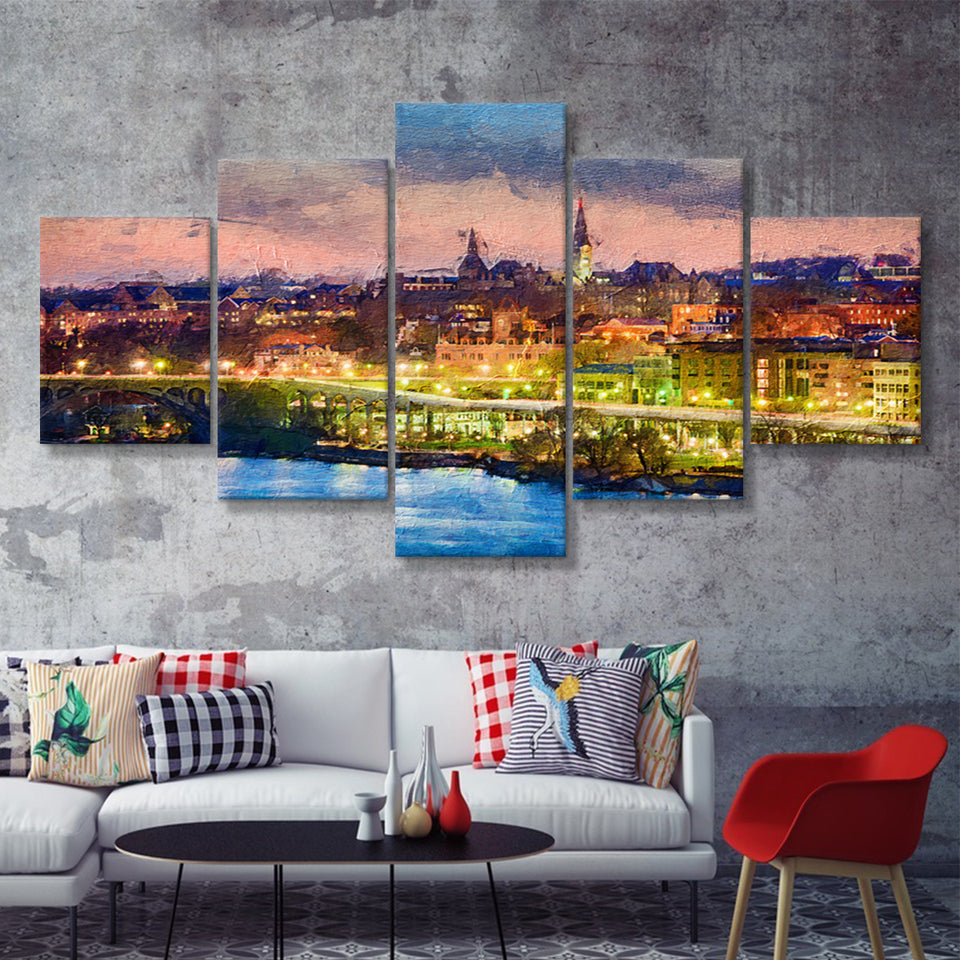 Georgetown skyline on the Potomac River Georgetown 5 Piece Canvas Prints Wall Art Decor - Painting Canvas, Multi Panels