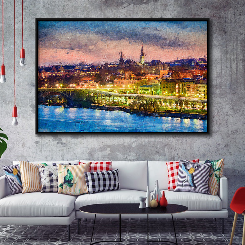 Georgetown skyline on the Potomac River Georgetown Framed Canvas Prints Wall Art Decor - Paiting Canvas, Art Prints, Floating Frame