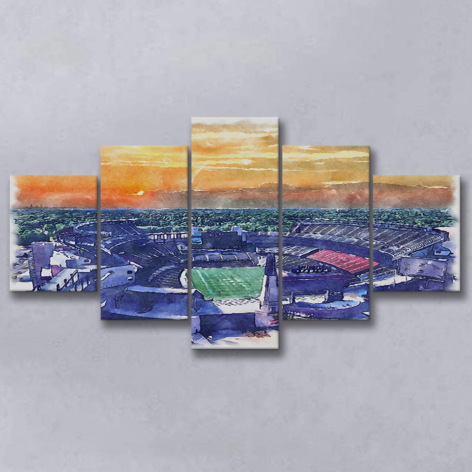 Gillette Stadium Patriots Football Stadium Watercolor, 5 Pieces, Multi Panel Canvas Prints Wall Art Decor