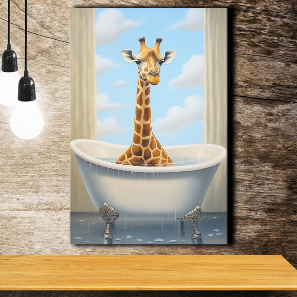 Giraffe Cute In Bathtube Bathroom Painting Art Funny Giraffe, Painting Art, Canvas Prints Wall Art Home Decor