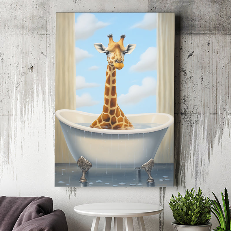 Giraffe Cute In Bathtube Bathroom Painting Art Funny Giraffe, Painting Art, Canvas Prints Wall Art Home Decor