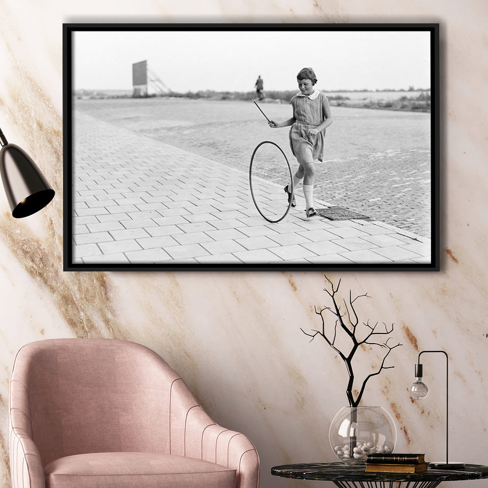 Girl Hoop Rolling Black And White Print, Vintage Games And Playtime Framed Canvas Prints Wall Art Home Decor,Floating Frame
