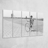 Girl Hoop Rolling Black And White Print, Vintage Games And Playtime Larger Canvas Art, 5 Piece Canvas Prints Wall Art Decor