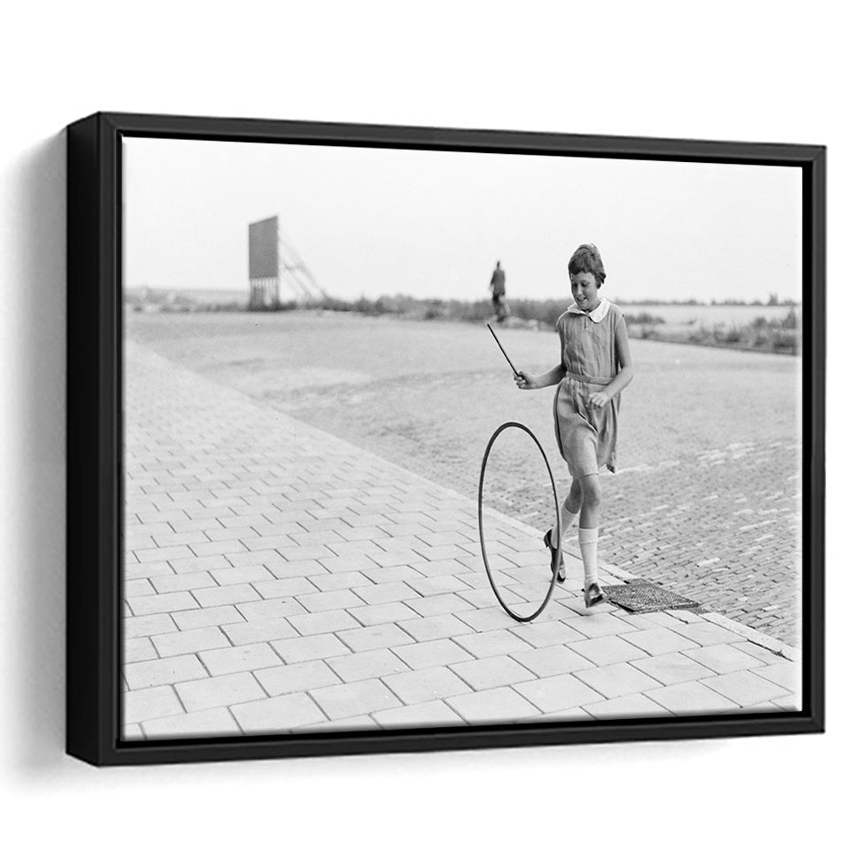 Girl Hoop Rolling Black And White Print, Vintage Games And Playtime Framed Canvas Prints Wall Art Home Decor,Floating Frame