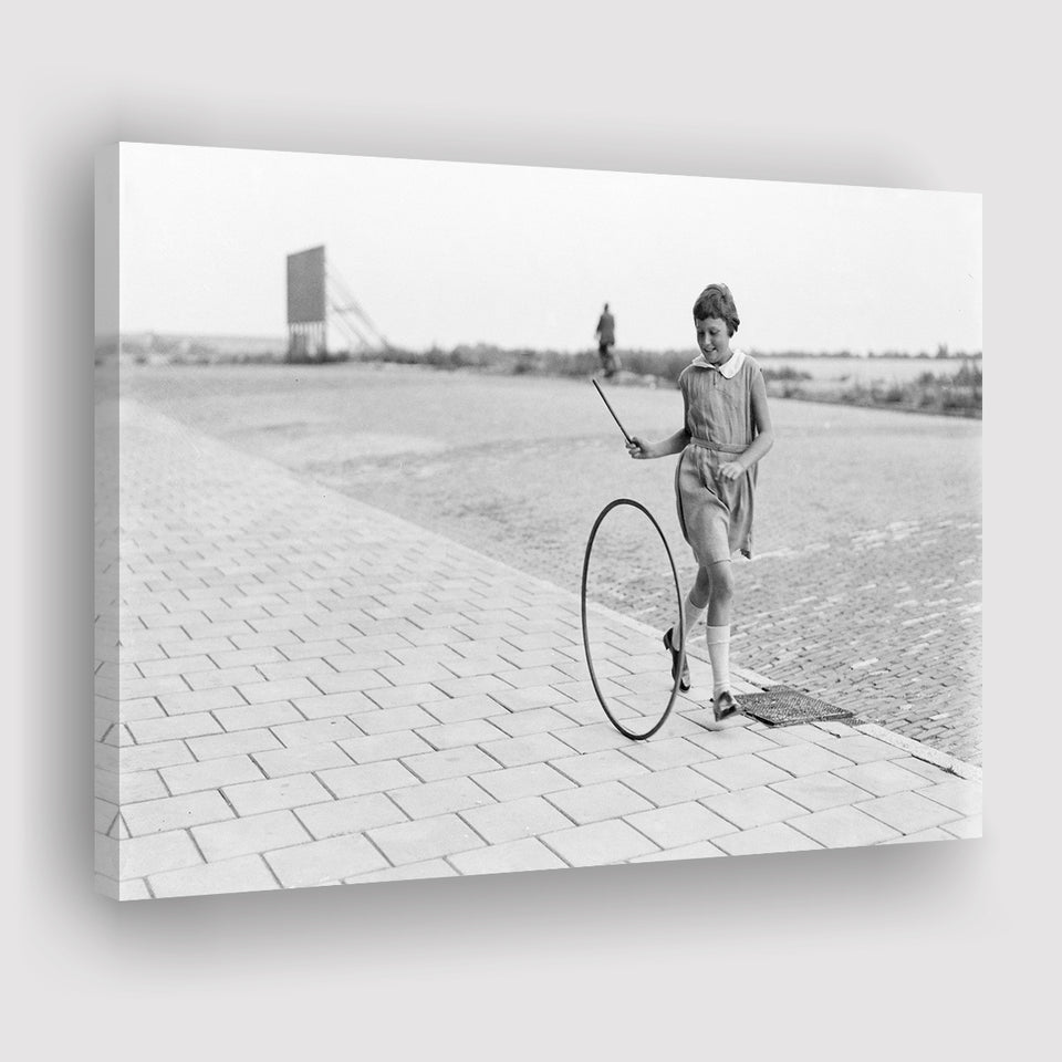 Girl Hoop Rolling Black And White Print, Vintage Games And Playtime Canvas Prints Wall Art Home Decor