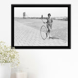 Girl Hoop Rolling Black And White Print, Vintage Games And Playtime Framed Canvas Prints Wall Art Home Decor,Floating Frame