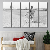 Girl Hoop Rolling Black And White Print, Vintage Games And Playtime Larger Canvas Art, 5 Piece Canvas Prints Wall Art Decor