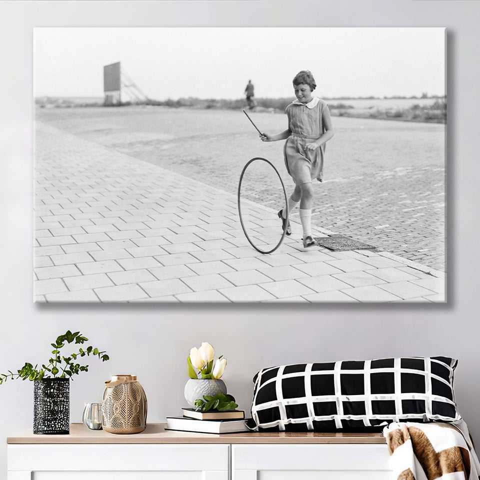 Girl Hoop Rolling Black And White Print, Vintage Games And Playtime Canvas Prints Wall Art Home Decor