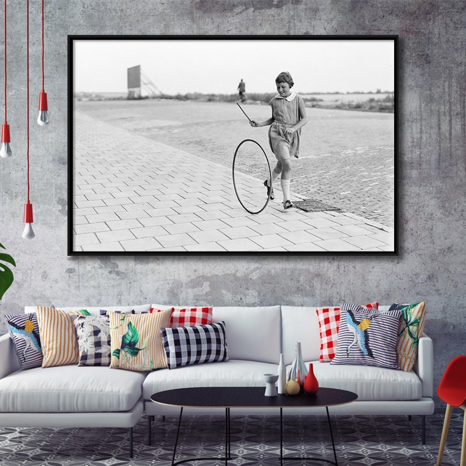 Girl Hoop Rolling Black And White Print, Vintage Games And Playtime Framed Canvas Prints Wall Art Home Decor,Floating Frame