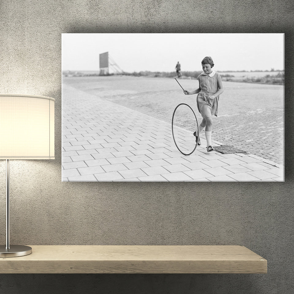 Girl Hoop Rolling Black And White Print, Vintage Games And Playtime Canvas Prints Wall Art Home Decor