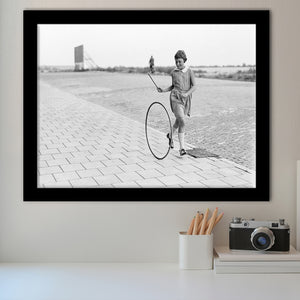 Girl Hoop Rolling Black And White Print, Vintage Games And Playtime Framed Art Prints, Wall Art,Home Decor,Framed Picture