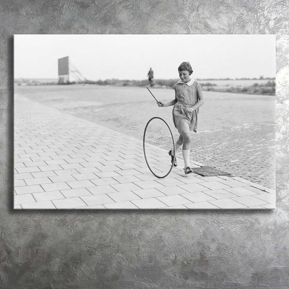 Girl Hoop Rolling Black And White Print, Vintage Games And Playtime Canvas Prints Wall Art Home Decor