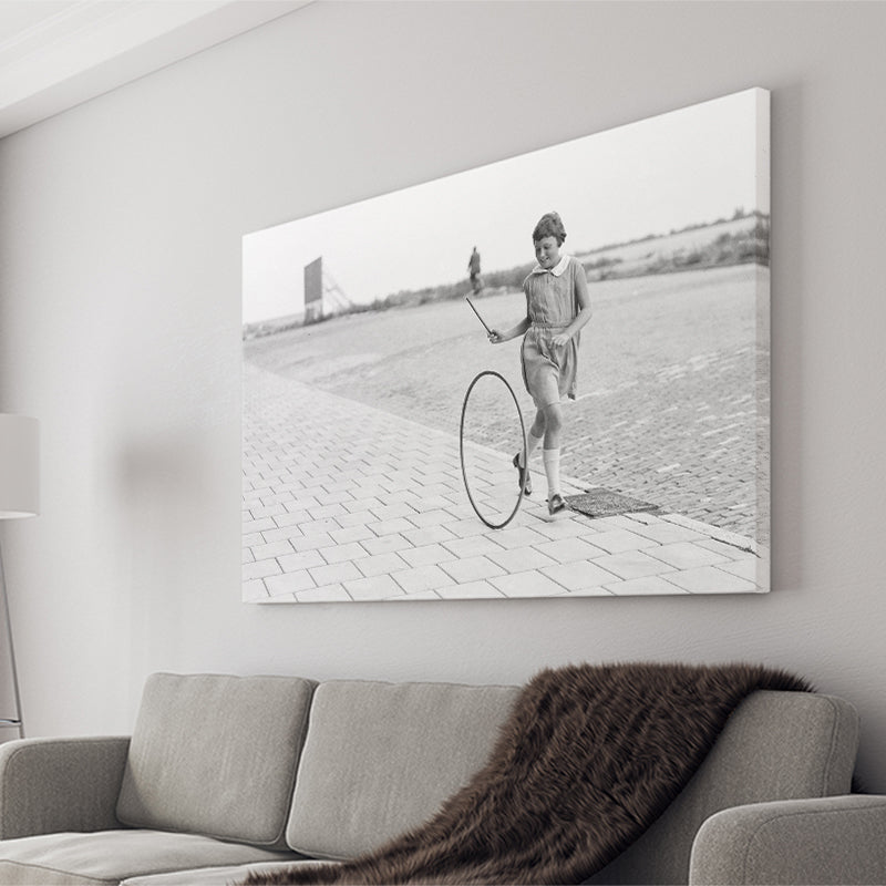 Girl Hoop Rolling Black And White Print, Vintage Games And Playtime Canvas Prints Wall Art Home Decor