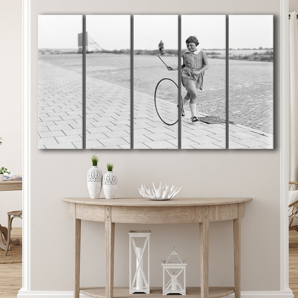 Girl Hoop Rolling Black And White Print, Vintage Games And Playtime Larger Canvas Art, 5 Piece Canvas Prints Wall Art Decor