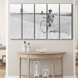 Girl Hoop Rolling Black And White Print, Vintage Games And Playtime Larger Canvas Art, 5 Piece Canvas Prints Wall Art Decor