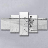 Girl Hoop Rolling Black And White Print, Vintage Games And Playtime 5 Panels, Canvas Prints Wall Art Decor, Large Canvas Art