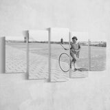 Girl Hoop Rolling Black And White Print, Vintage Games And Playtime 5 Panels, Canvas Prints Wall Art Decor, Large Canvas Art