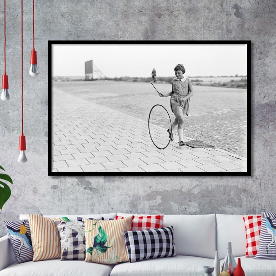 Girl Hoop Rolling Black And White Print, Vintage Games And Playtime Framed Art Prints, Wall Art,Home Decor,Framed Picture