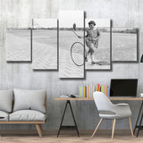 Girl Hoop Rolling Black And White Print, Vintage Games And Playtime 5 Panels, Canvas Prints Wall Art Decor, Large Canvas Art
