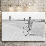 Girl Hoop Rolling Black And White Print, Vintage Games And Playtime Canvas Prints Wall Art Home Decor