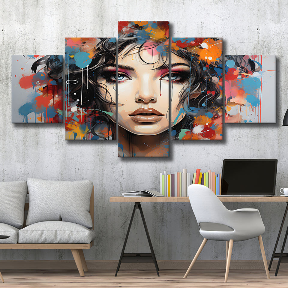 Girl Portrait Art Colorfull 5 Panels Canvas Prints Wall Art Home Decor, Large Mixed Canvas
