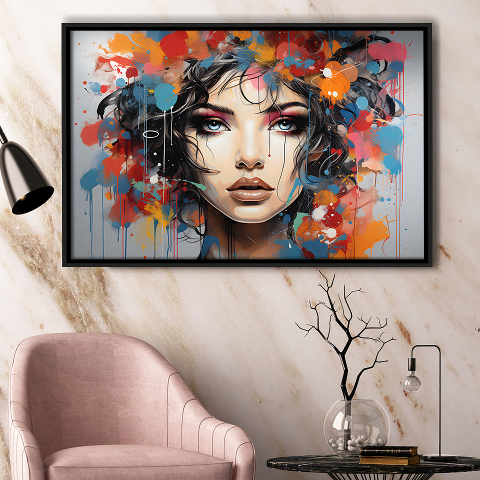 Girl Portrait Art Colorfull Framed Canvas Prints Wall Art Home Decor, Painting Canvas, Floating Frame