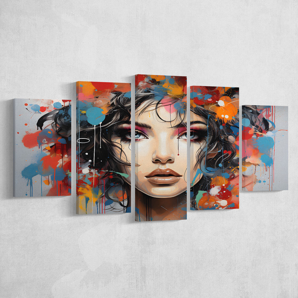 Girl Portrait Art Colorfull 5 Panels Canvas Prints Wall Art Home Decor, Large Mixed Canvas
