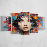 Girl Portrait Art Colorfull 5 Panels Canvas Prints Wall Art Home Decor, Large Mixed Canvas