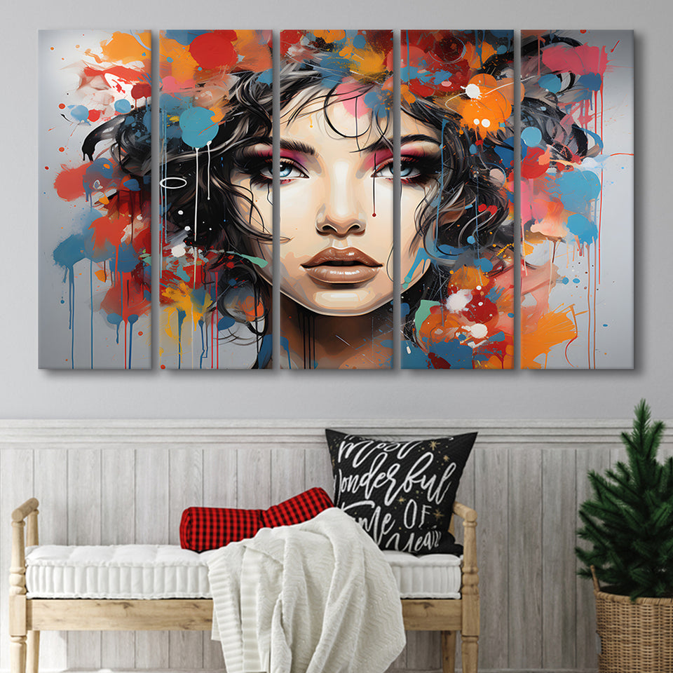 Girl Portrait Art Colorfull 5 Panels B Canvas Prints Wall Art Home Decor, Extra Large Canvas