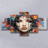 Girl Portrait Art Colorfull 5 Panels Canvas Prints Wall Art Home Decor, Large Mixed Canvas