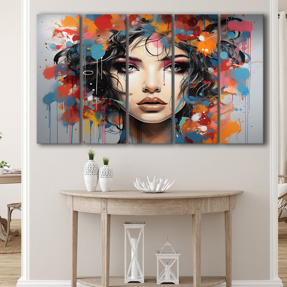 Girl Portrait Art Colorfull 5 Panels B Canvas Prints Wall Art Home Decor, Extra Large Canvas