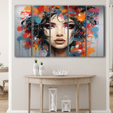 Girl Portrait Art Colorfull 5 Panels B Canvas Prints Wall Art Home Decor, Extra Large Canvas