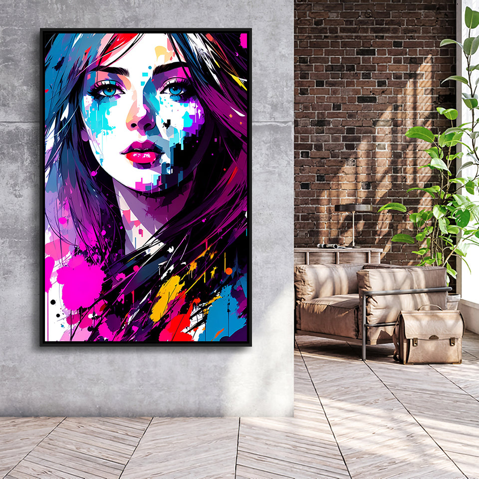 Girl Portrait Colorful Framed Canvas Prints Wall Art Home Decor, Painting Canvas, Floating Frame