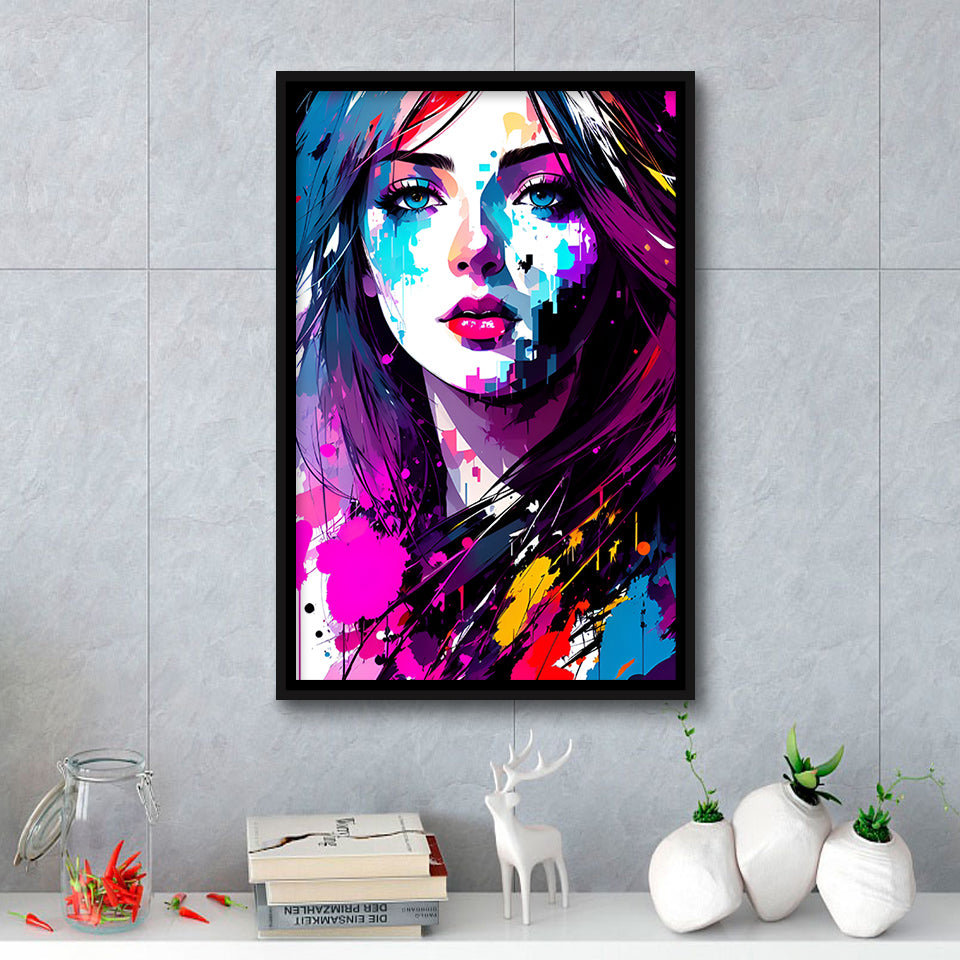 Girl Portrait Colorful Framed Canvas Prints Wall Art Home Decor, Painting Canvas, Floating Frame
