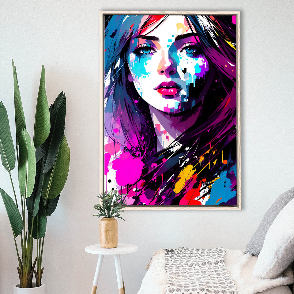 Girl Portrait Colorful Framed Canvas Prints Wall Art Home Decor, Painting Canvas, Floating Frame