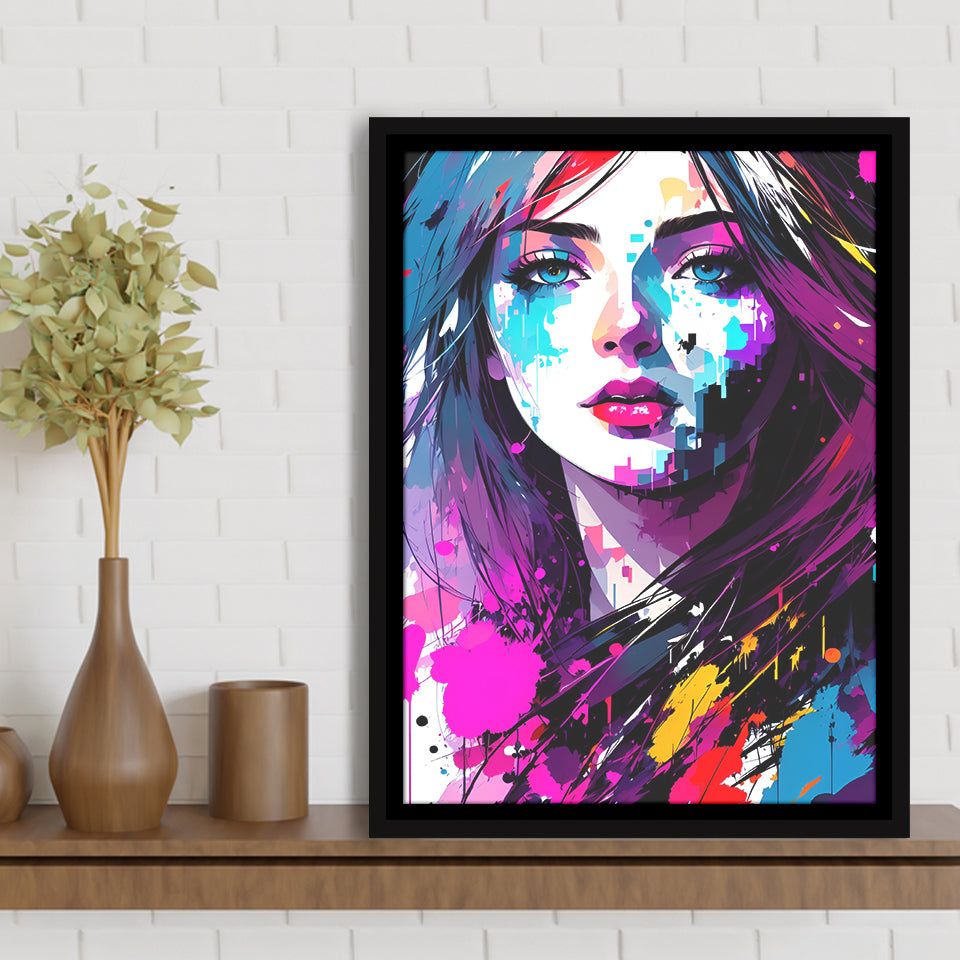 Girl Portrait Colorful Framed Canvas Prints Wall Art Home Decor, Painting Canvas, Floating Frame