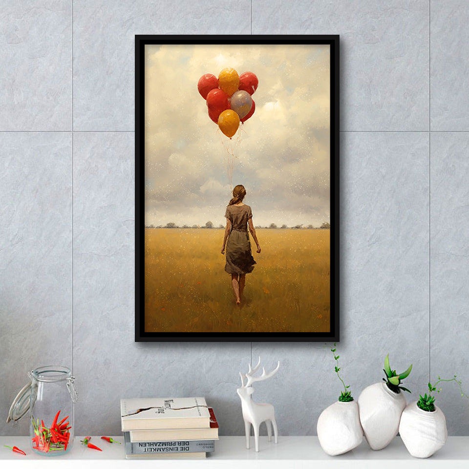 Girl With Ballons In The Field Framed Canvas Prints Wall Art, Floating Frame, Large Canvas Home Decor