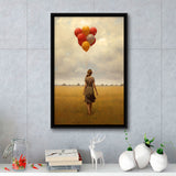 Girl With Ballons In The Field Framed Canvas Prints Wall Art, Floating Frame, Large Canvas Home Decor