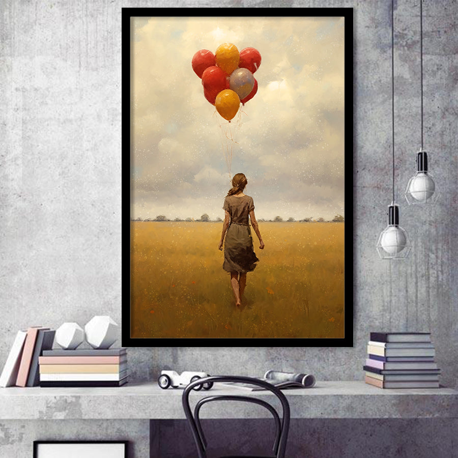 Girl With Ballons In The Field Framed Art Prints Wall Decor, Framed Picture, Large Picture