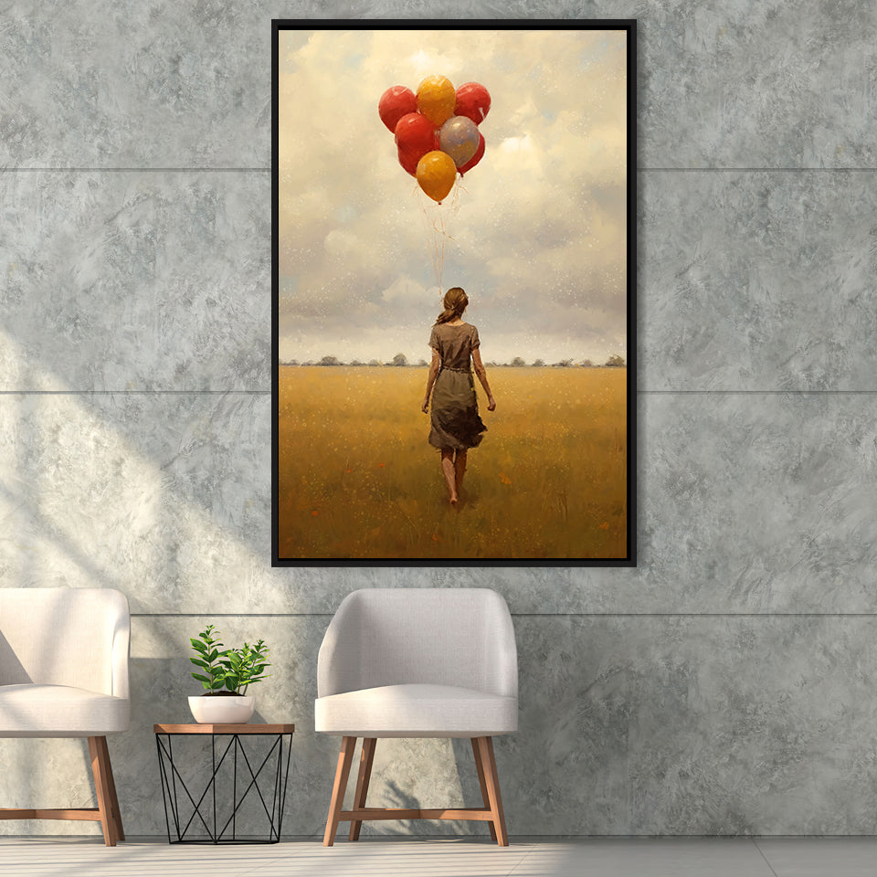Girl With Ballons In The Field Framed Canvas Prints Wall Art, Floating Frame, Large Canvas Home Decor