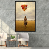 Girl With Ballons In The Field Framed Canvas Prints Wall Art, Floating Frame, Large Canvas Home Decor