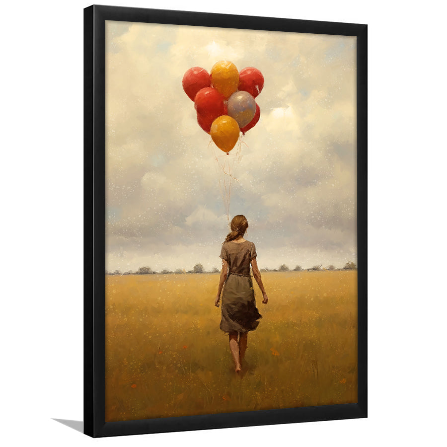 Girl With Ballons In The Field Framed Art Prints Wall Decor, Framed Picture, Large Picture