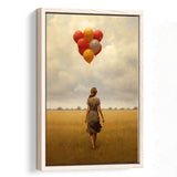 Girl With Ballons In The Field Framed Canvas Prints Wall Art, Floating Frame, Large Canvas Home Decor