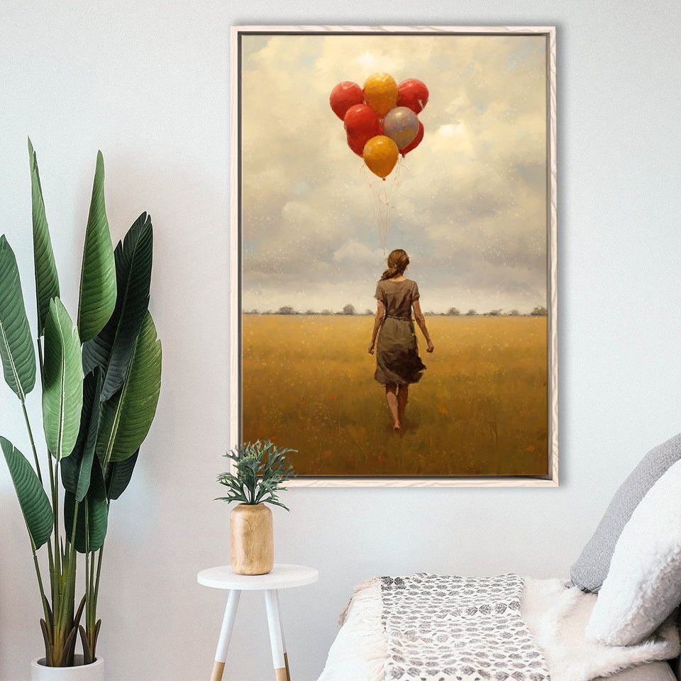 Girl With Ballons In The Field Framed Canvas Prints Wall Art, Floating Frame, Large Canvas Home Decor