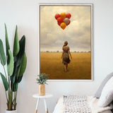 Girl With Ballons In The Field Framed Canvas Prints Wall Art, Floating Frame, Large Canvas Home Decor