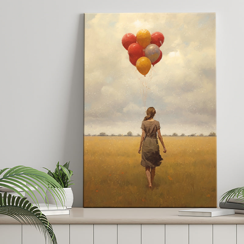 Girl With Ballons In The Field Canvas Prints Wall Art, Home Living Room Decor, Large Canvas